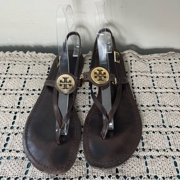 Tory Burch Ali-Anteka Leather Brown coconut Sandals 8.5 Gold hardware slingback - Picture 1 of 11